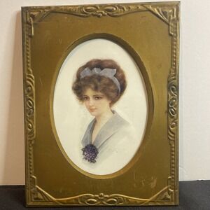 Victorian Tin Frame Signed Portrait Watercolor Antique Brown Haired Lady